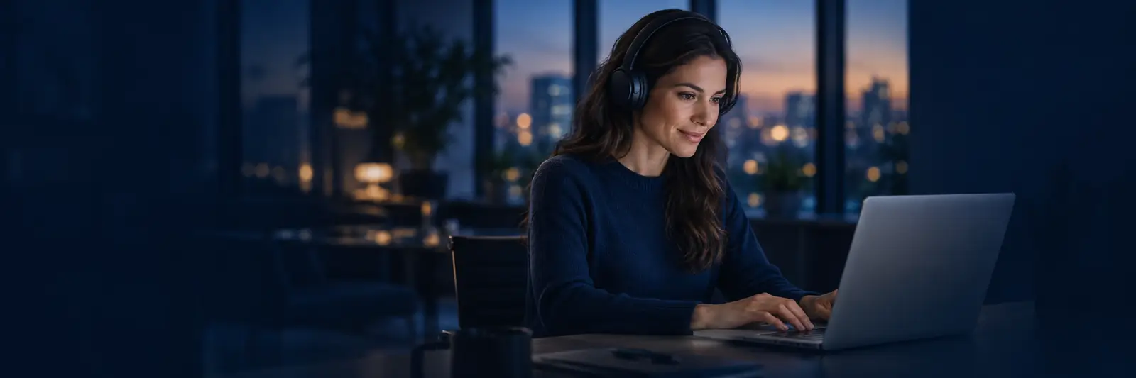 Mulher de fones de ouvido usando um notebook ao entardecer
